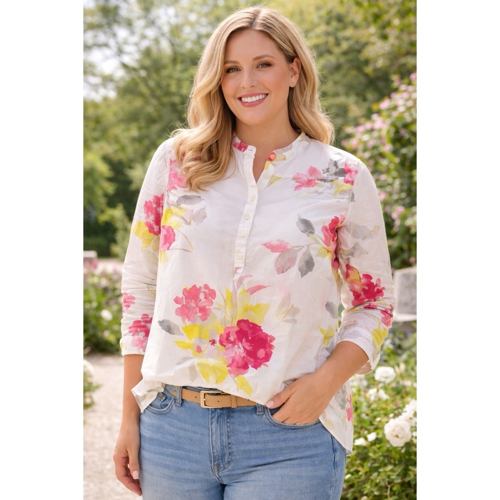 Talbots Petite XP Floral Blouse Cotton White Pink Yellow Watercolor Lightweight